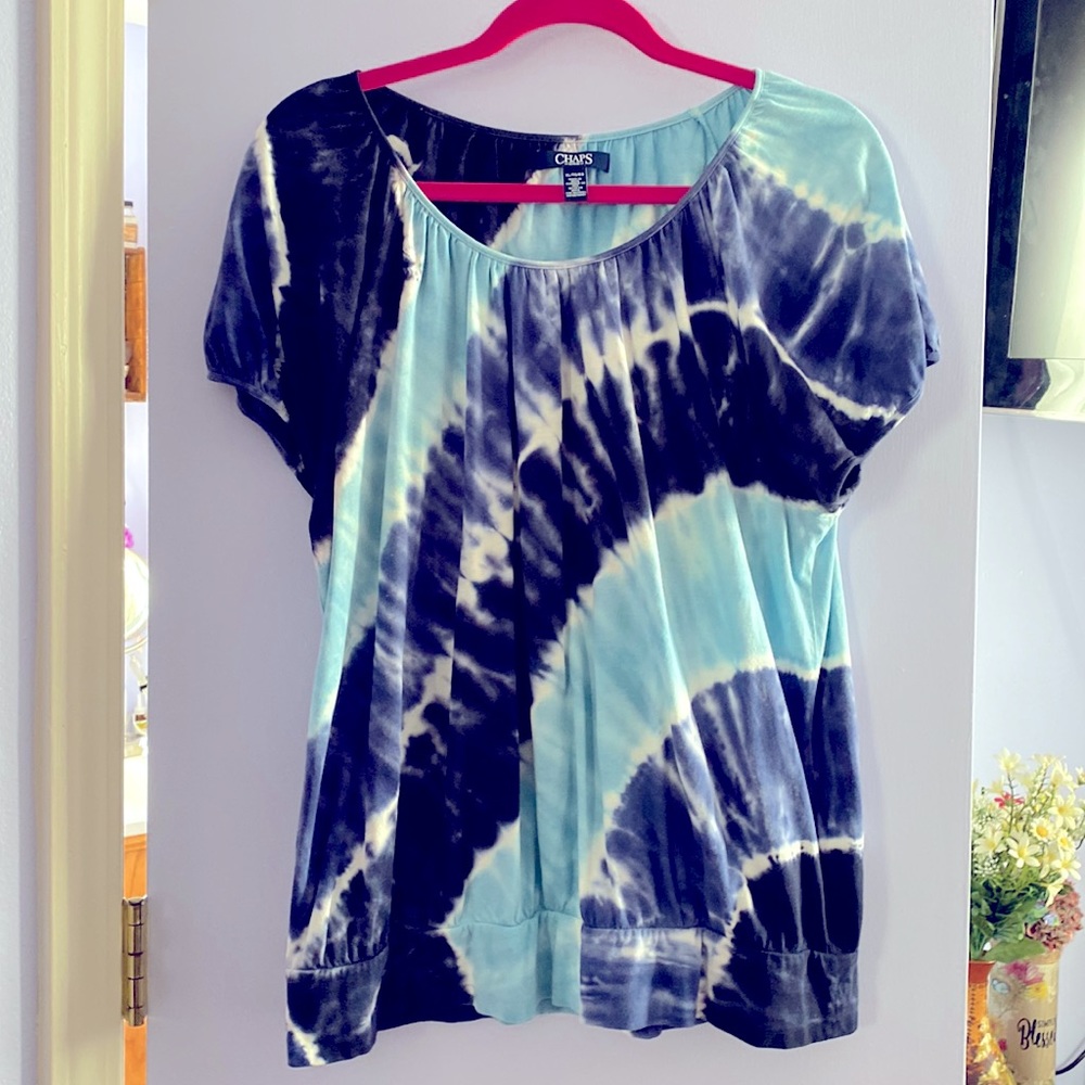 Women’s XL Chaps purple and blue tie-dye blouse.